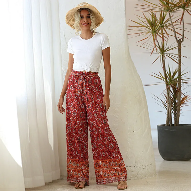 

Ladies Floral Print Wide Leg Belt Trousers Summer Ladies Holiday Beach Casual Loose Trousers Women's Clothing Vintage Streetwear