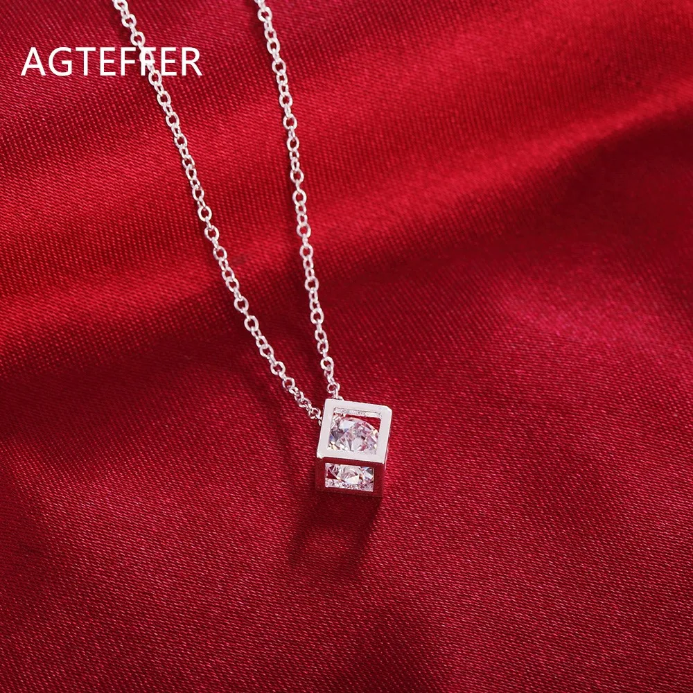 

AGTEFFER 925 Sterling Silver 18 Inch Square Zircon Pendant Necklace Ladies Fashion Wedding Party Jewelry Gift