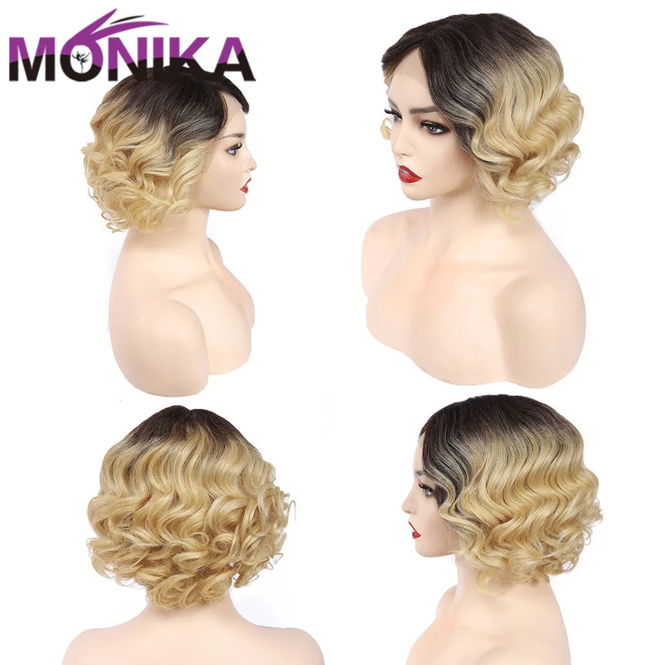 Monika Волнистые Короткие парики с Бобом u образные кружевные человеческие волосы