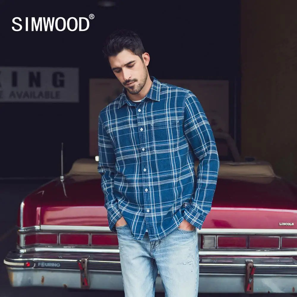 SIMWOOD 2021 Весна Лето Новые 100% хлопковые рубашки в клетку мужские джинсовые Модные