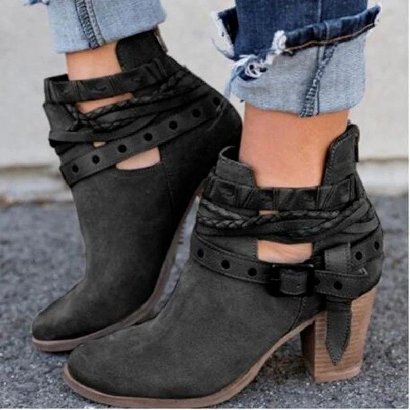

2021 Winter Women Boots Fashion Casual Ladies Shoes Martin Boots Suede Leather Buckle Shoes High Heeled Zipper Snow Boots