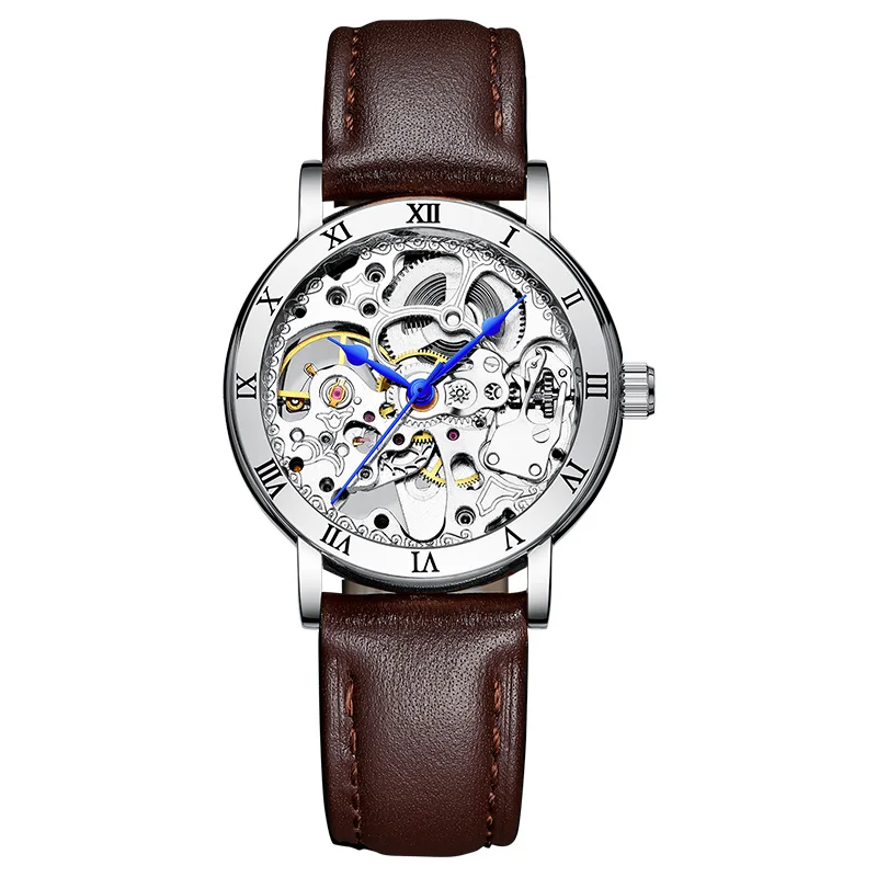 brown silver IK цветные женские механические часы, римская надпись, ободок, золотые облака, гравировка, скелет, автоматические, самовзводные, женские наручные часы - Цвет: brown silver