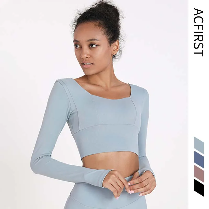 

Женская футболка AcFirst с длинным рукавом для бега, Сексуальная футболка для йоги до пупка, однотонная Спортивная быстросохнущая футболка для...