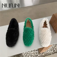 woven wool shoes green rhombic rabbit fur short plush loafers outdoor winter slip on casual women shoes flats simple boat shoes