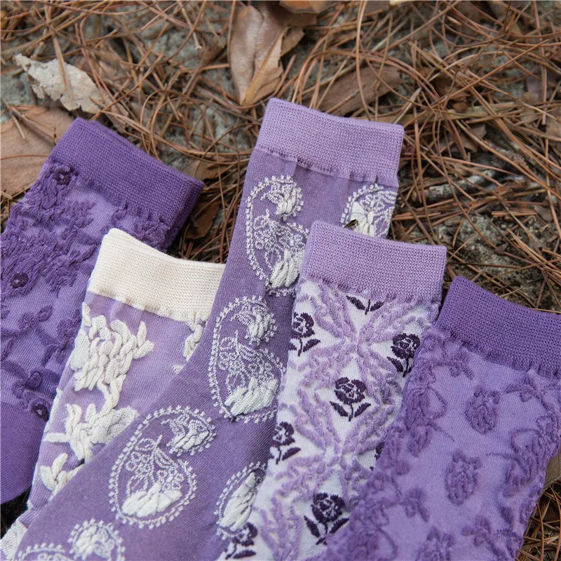 Фиолетовые носки женские с цветочной вышивкой в стиле Харадзюку ретро уличная