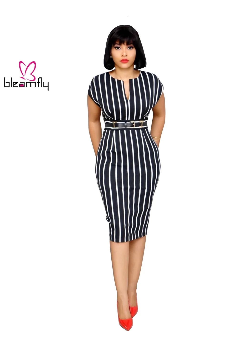 Новинка 2019 женское осеннее платье с коротким рукавом в полоску принтом офисное