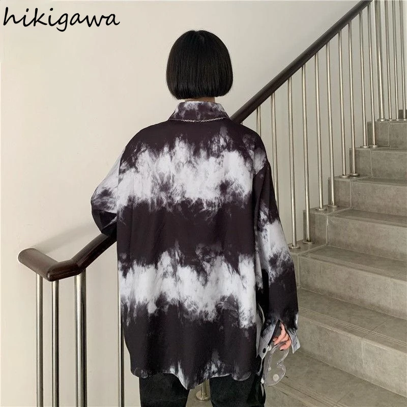 

Hikigawa Womens Tops Long Sleeve Lovers Clothes Shirts Contrast Color Button Up Men Shirt Vintage Harajuku Loose 2021 Blusas