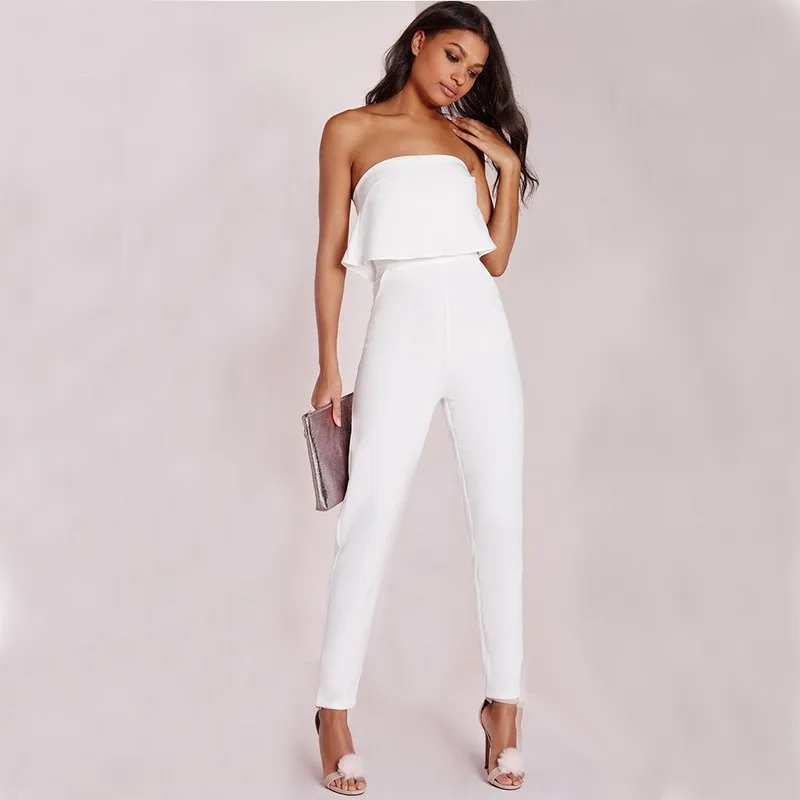 

Sexy Romper Horizontal Neck Solid Color Flounced Romper Trousers New Style Europe and America Straight Solid