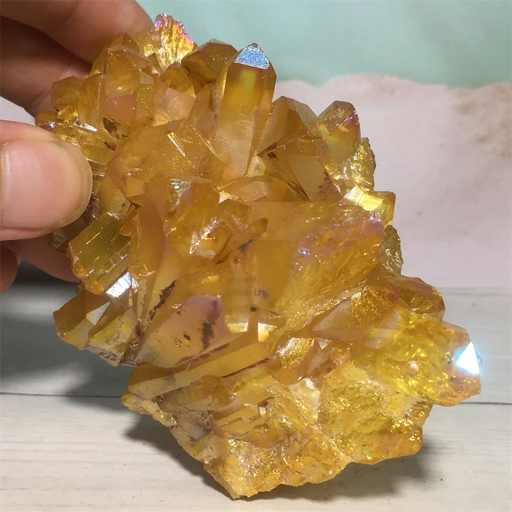 

Aura Crystal Cluster Quartz Home Decoration Craft Collection Feng Shui Healing Yellow Stone Rough Mineral Specimen Ornament