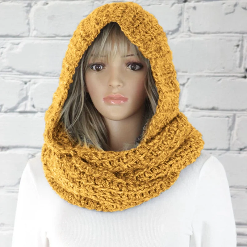

Fashionable Hooded Bib Women's Winter Pure Color Woolen Hat Knitted Scarf For Ladies Accessories