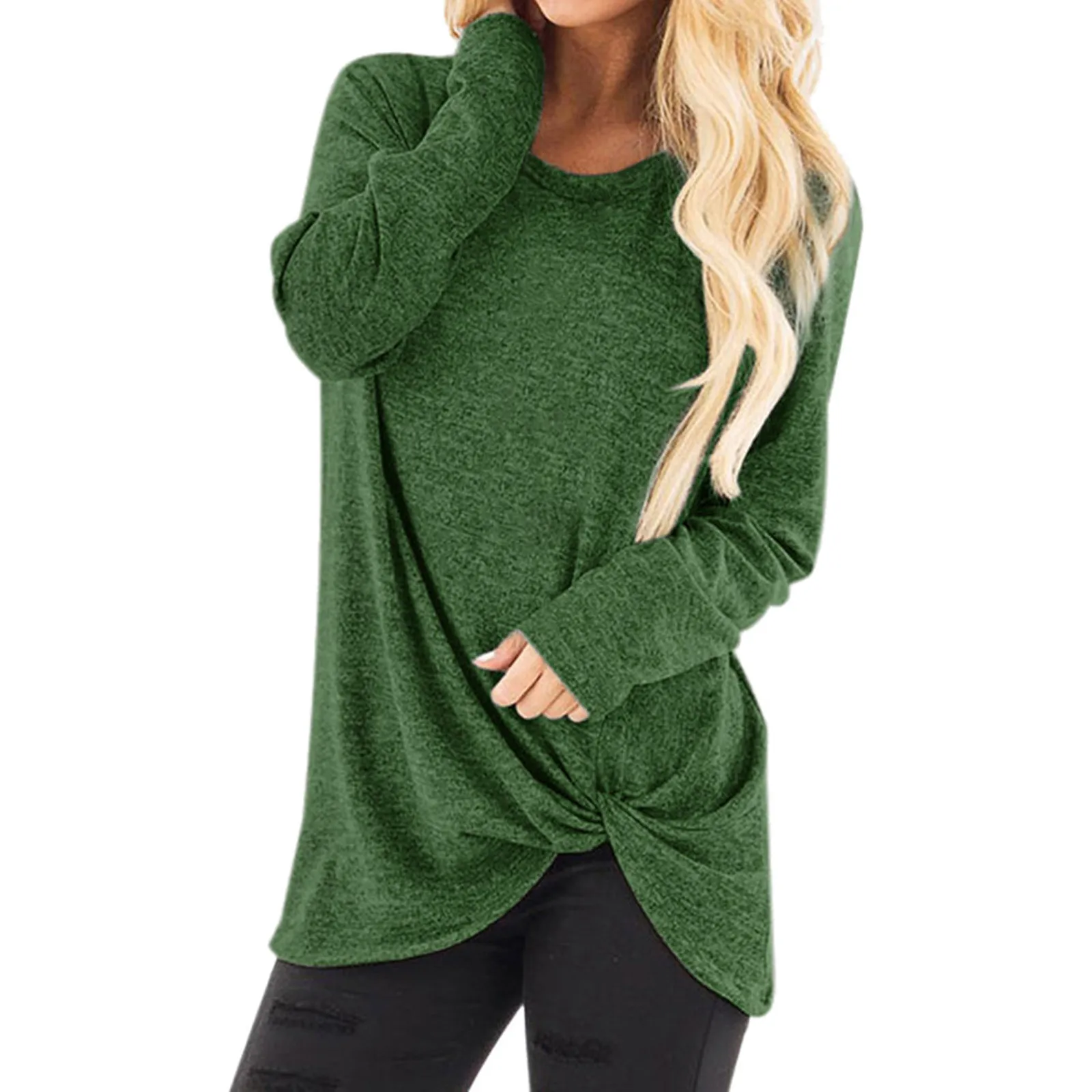 Winter ladies fashion casual polyester футболка twisted long-sleeved simple solid color loose O-neck F04* | Женская одежда