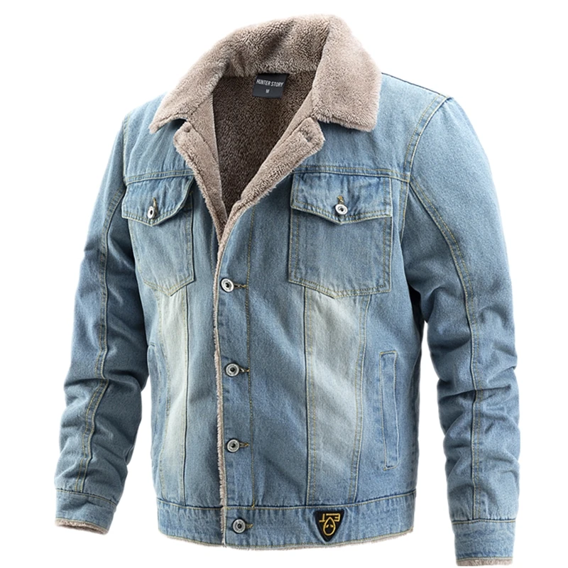 AIOPESON Plus Velvet Thick Denim Jacket Men Casual Lapel Cotton Jeans Jacket Men Fur Collar Warm Winter Mens Jackets And Coats 