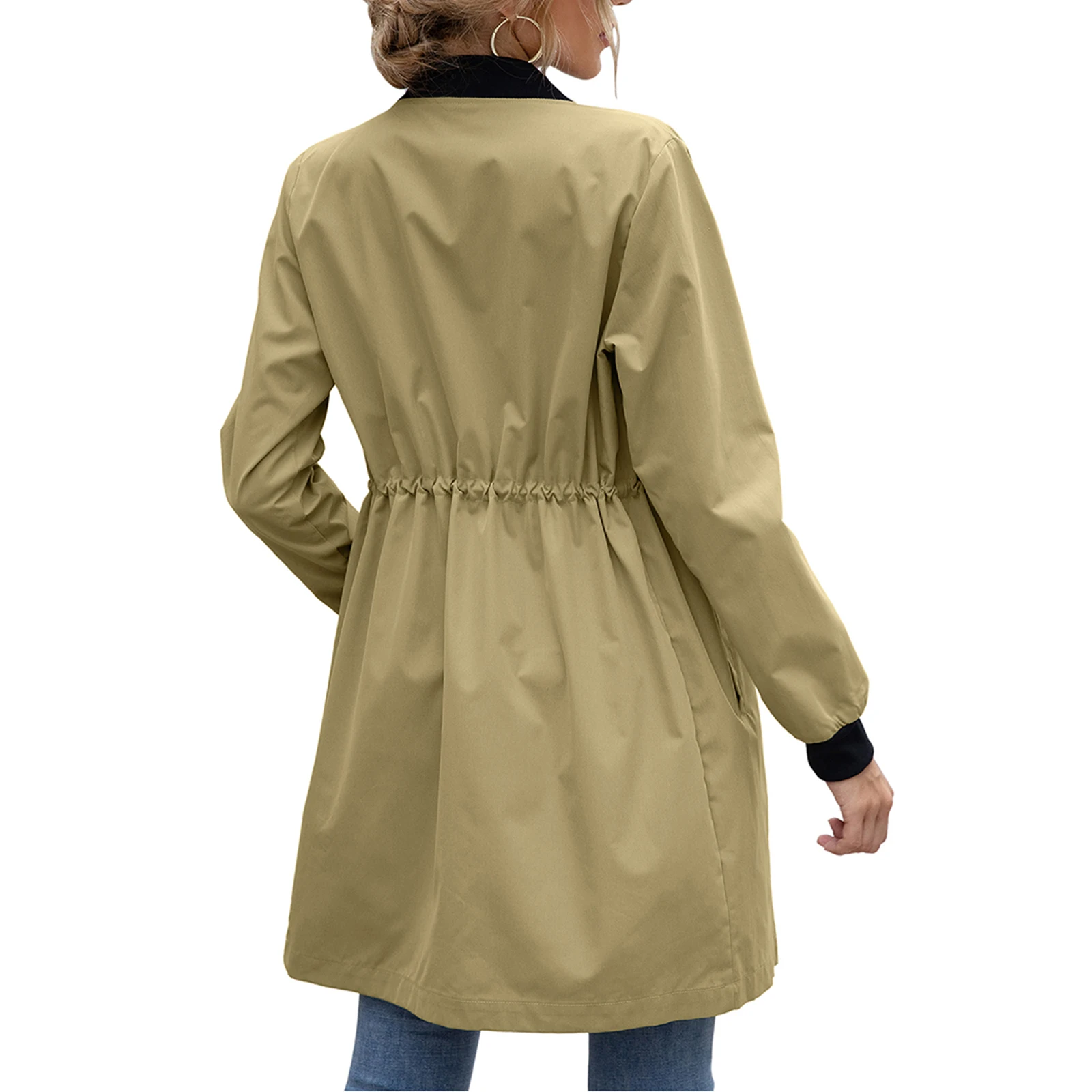 

Autumn Women's Long Trench Coat Solid Color Long Sleeve Waterproof Cardigan Zipper Draw Back Ladies Casual Long Jacket