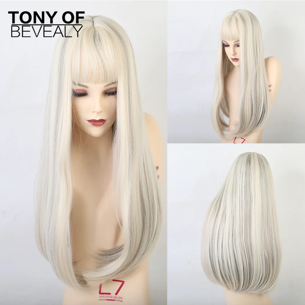 Длинные прямые синтетические парики с челкой смешанные белые из натуральных