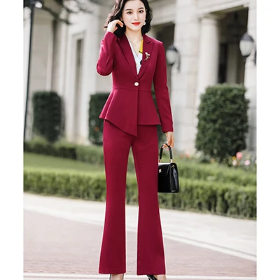 Red Pant Suits Женский элегантный брючный костюм, тонкий, модный, формальный, черный, белый, длинный рукав, симметричный блейзер с брюками, офисный Женский Костюм 4XL - Цвет: Red Pant Suits