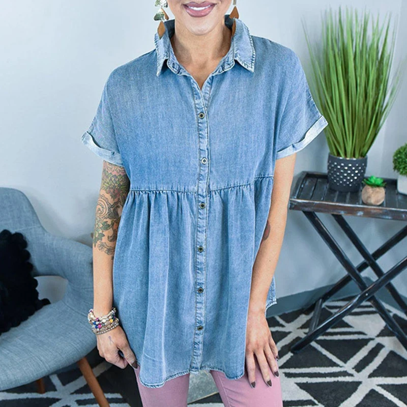 

Women Blue Short Sleeve Ruched Denim Dress 2021 Summer New Lapel Female Loose Leisure Wear Buttons Shirt Mini Dress Vestidos
