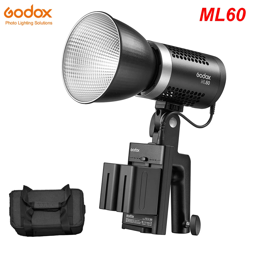 

Godox ML60 60 Вт бесшумный портативный светодиодный светильник, 0,77 кг, 5600K, Дневной светильник, сбалансированный CRI 96 TLCI 97