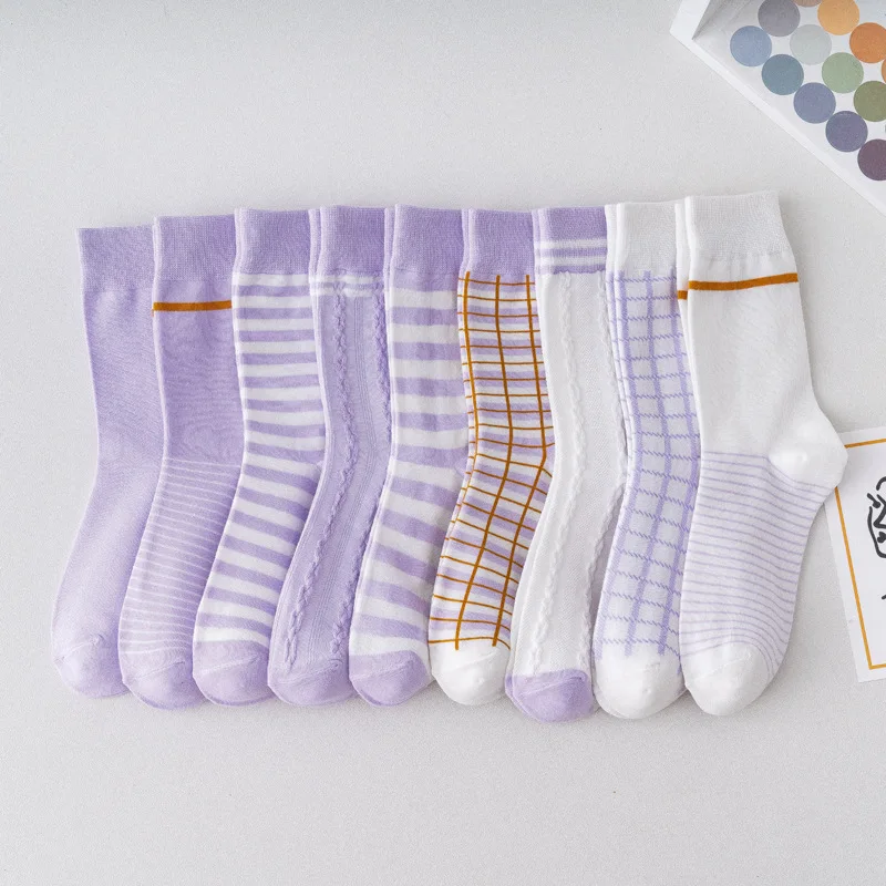 

2020 Purple Socks Women's Medium Tube Socks Korean Style Instagram Tide Striped Taro Purple Lovely Japanese Woman's Stockings