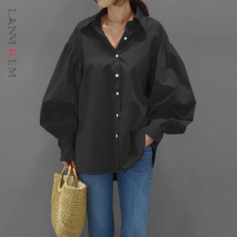 Женская Повседневная рубашка LANMREM свободная Однотонная с длинными рукавами