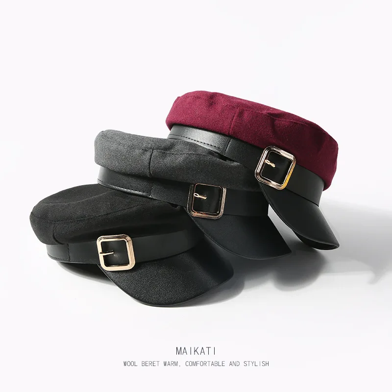 Military Hat Fashion PU Leather Spring Cotton Sailor Hat For Women Belt Buckle Black Grey Flat Top Beret Newsboy Cap Captain Cap