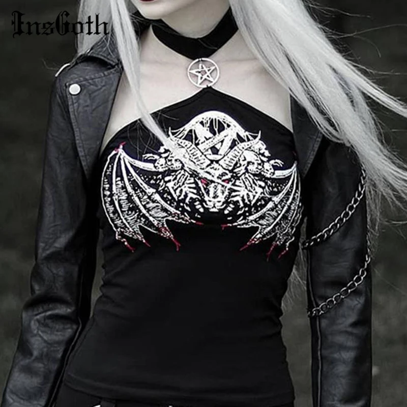 

InsGoth Fairy Grunge Pentagram Halter Tank Gothic Sexy Black Cartoon Emo Print Backless Camisole Y2K E Girl Punk Party Club Wear