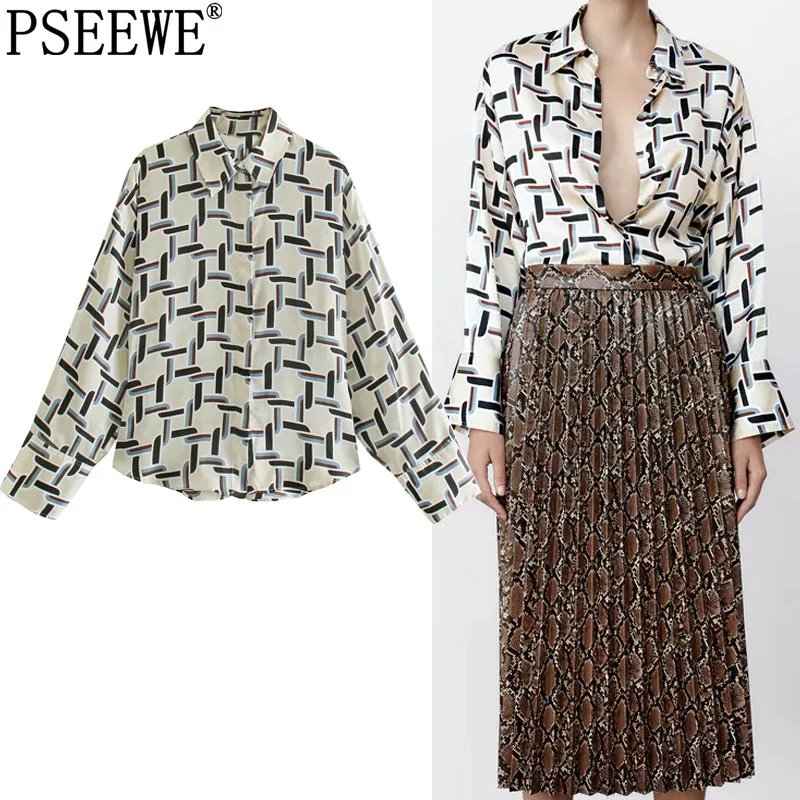 

Рубашка PSEEWE Za Женская с длинным рукавом, с принтом, с воротником на пуговицах, мешковатая блузка, элегантная винтажная блузка, осень 2021