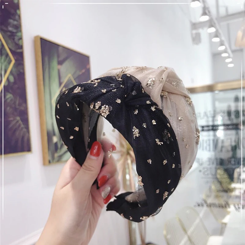 

Korean new high-grade hair accessories simple gilding Sequin Flower Mesh Knot Cross wide edge fashion hair hoop Headband