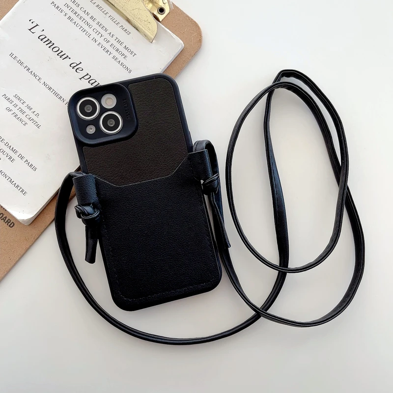 

Luxury Leather Wallet Card Package Necklace Lanyard Phone Case For iPhone 13 12 11 Pro Max X Xs Max Xr 7 8 Plus SE 2 Cover