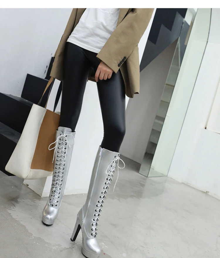 ANMAIRON PU Knee-High Round Toe Boots Women Super High Square Heel Winter shoes Zip Cross-tied Thigh High Boot Solid Short Plush
