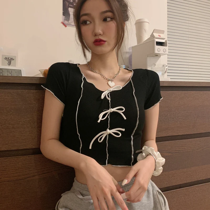 

Lucyever Fashion Slim Fit Knitted T Shirts for Women Elegant Bow Patchwork O Neck Tees Ladies Elastic Solid Short Tops Lady 2021