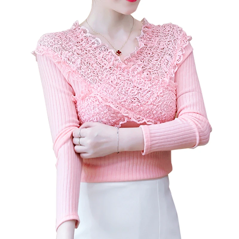 Кружевная Трикотажная хлопковая рубашка женские топы Осень-зима новая корейская