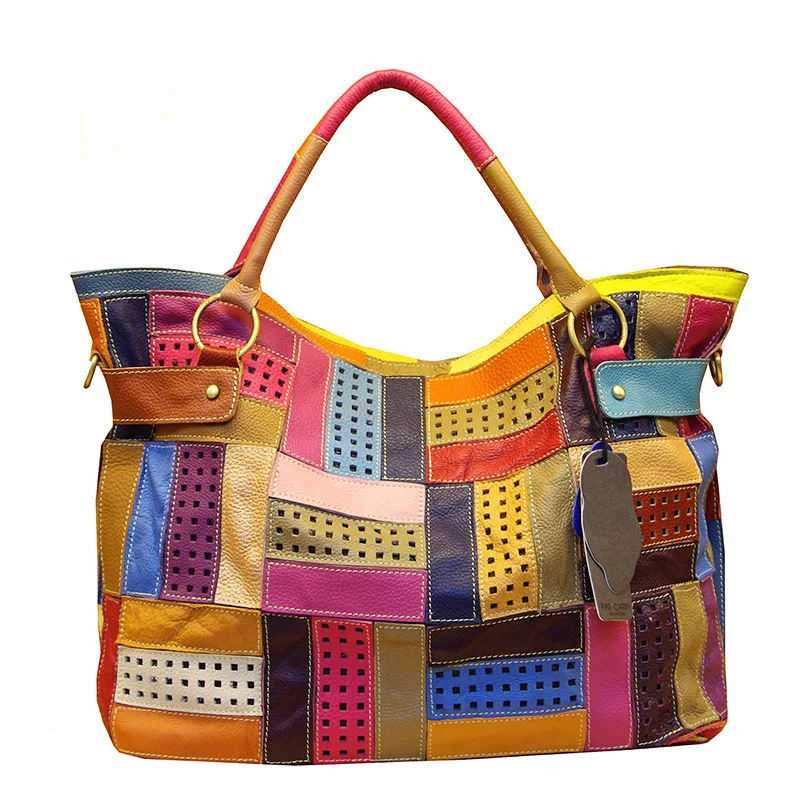 Full-Grain Leather Characteristics Personality Contrast Pattern Trendy Bag Laptop Satchel Bag Handbags Retro Multi-Color Mosaic