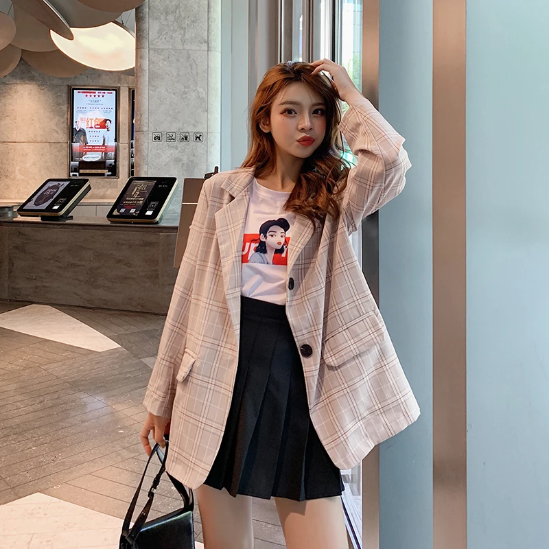 Женские блейзеры в клетку 2019 серый хаки топы костюм куртка и юбка одежда с
