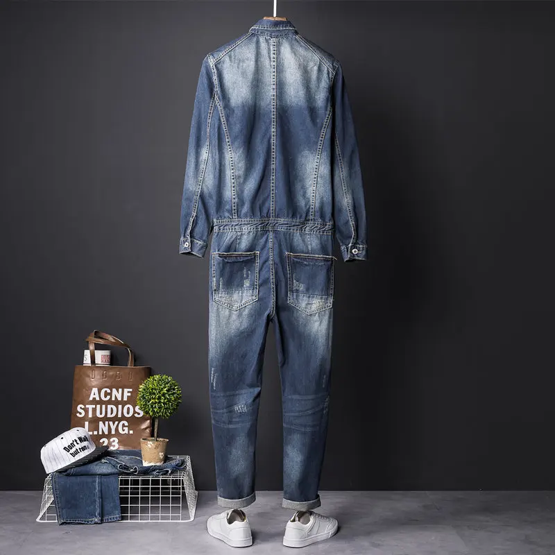 2020 Long Sleeve Ripped Jeans Jumpsuit for Men Work Wear Denim Bib Overall Mens Vintage Romper Male Retro One Piece Jumpsuits