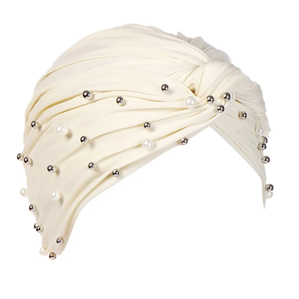 

Women Pearl Beading India Hat Muslim Ruffle Cancer Chemo Beanie Turban Wrap Cap Hats For Women Summer
