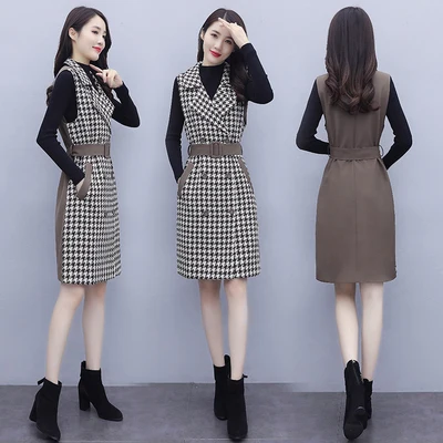 

Double Breasted 2 Piece Sets Womens Outfits Tweed Set Vestido De Muje Woman Dress Wholesale Clothing Woolen Conjunto Femenino