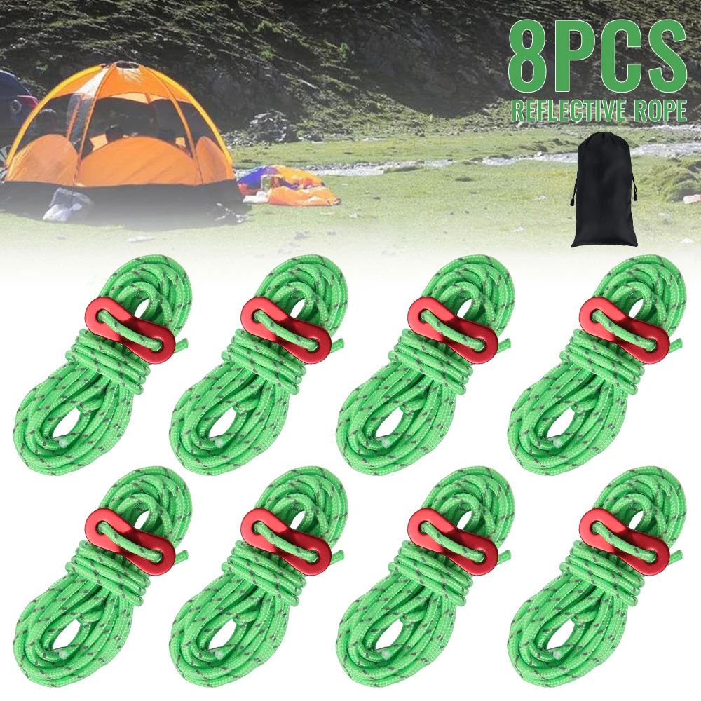 

8pcs 4M Paracord Tent Reflective Rope Camping Awning Rope with Hooks Camping Cord Outdoor Sports Camping Hiking Tent Accessories
