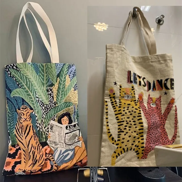 

New Reusable Shopping Bag Jacquard Canvas Shopping Bag Large Folding Tote Unisex Jacquard Tiger and Reading Girl Canvas Tote Bag