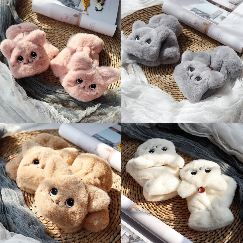 

Women Student Thicken Plush Warm Half Finger Gloves Cute Cat Embroidery Convertible Flip Top Winter Fingerless Mittens