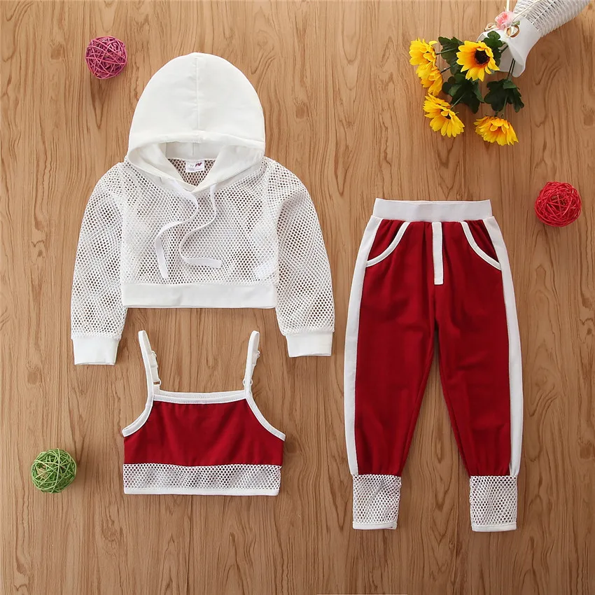 

2020 new sale 3PCS Toddler Baby Girl Clothes Sets 2-7Y Hooded Crop Tops Sweatpants Casual Pants Outfit Summer Tracksuit