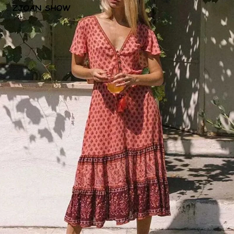 Богемное платье с открытыми пуговицами V образным вырезом цветочным принтом в