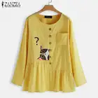 Рубашка ZANZEA 2021 женская блузка с принтом Осенняя туника с длинным рукавом с мультяшным котом повседневные топы женские однотонные Блузы рубашка