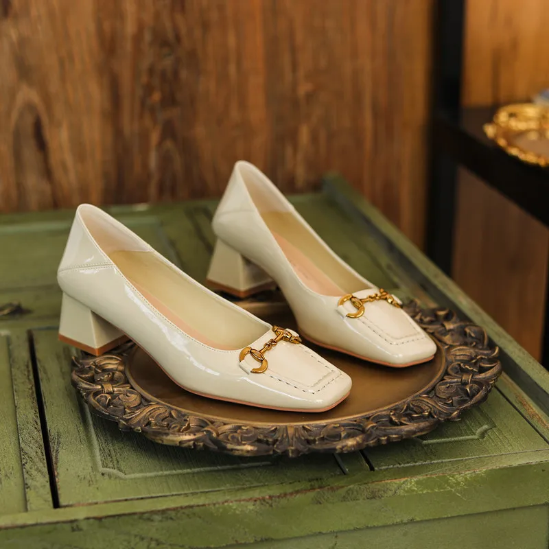 

Женские повседневные туфли на толстом каблуке, удобные лоферы на квадратном каблуке с металлической пряжкой, весна-осень 2022