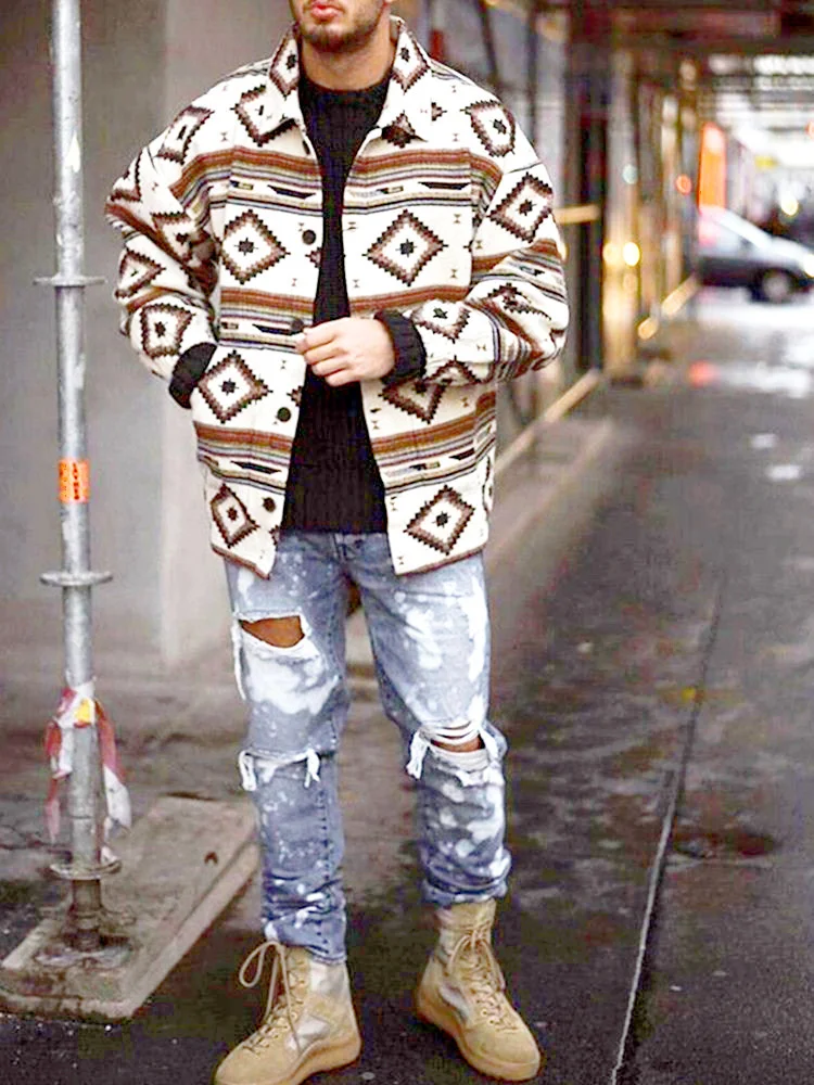 

2021Men Fall-Winter Fashion Printed Wool Blazer Jackets fastener Lapel Mid-Length Overcoats Contrast Color Cardigan Jacket