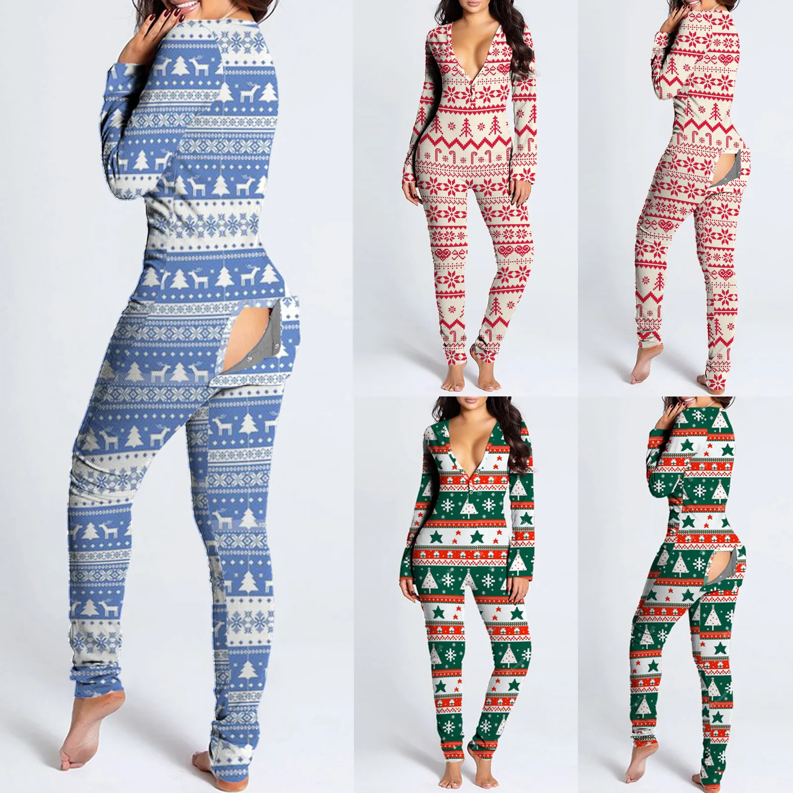 

Women's Christmas Print V-Neck Jumpsuit Onesies Button-Down Front Back Butt Bum Flap Jumpsuits Loungewear Sexy Pajamas