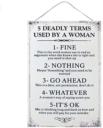 

Metal Tin Sign 5 Deadly Terms Used By A Woman Interesting Room Living Room Home Decoration Metal Plate 8x12 or 12x16 Inches