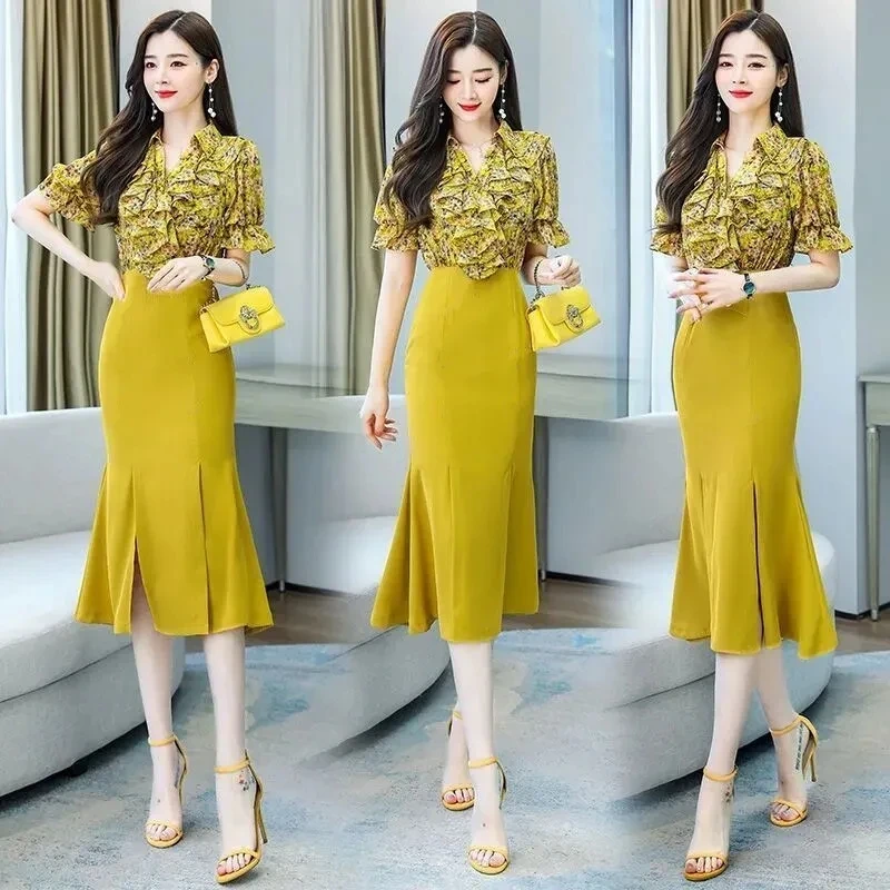 Женское платье-Русалка с оборками и коротким рукавом разрезом | Женская одежда