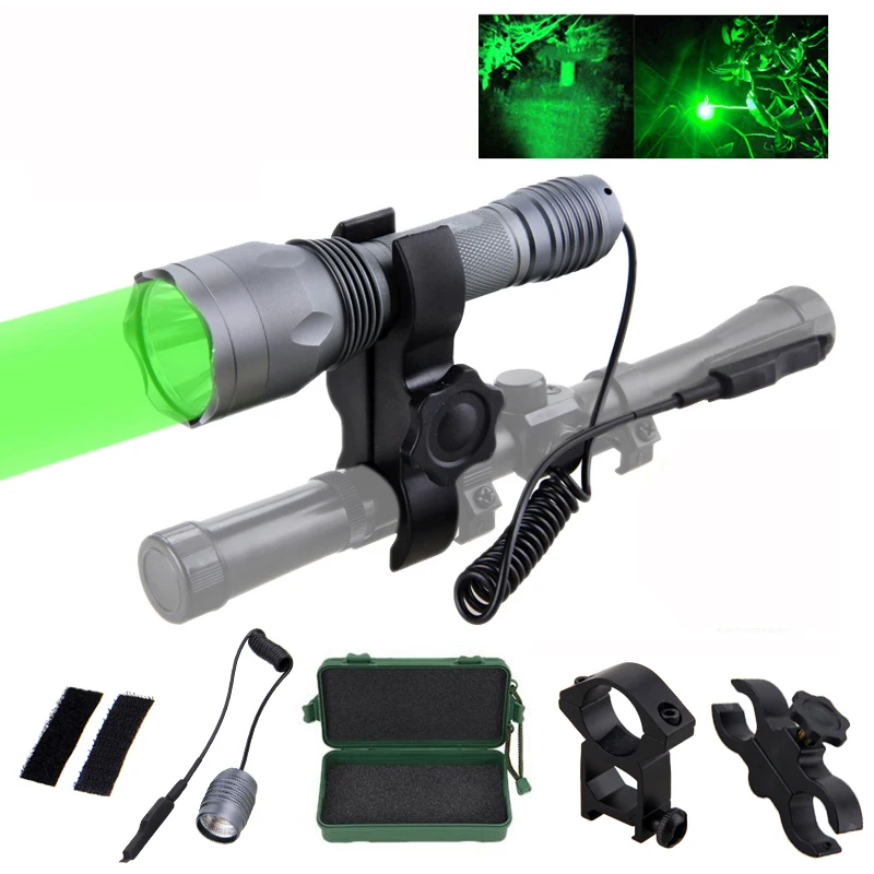 Зеленый светодиодный фонарик для охоты тактический фонарь на ярд аккумулятор 18650