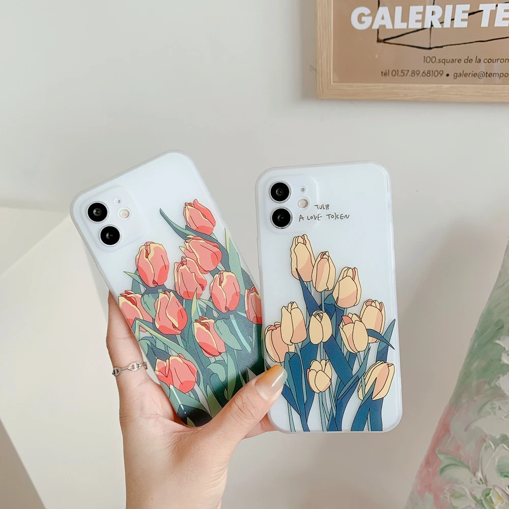 

Art Tulip Flower Painting Protective Case for iPhone 11 Pro Max XS XR X 7 8 Plus Soft TPU Phone Cover For iPhone 12 Pro Max