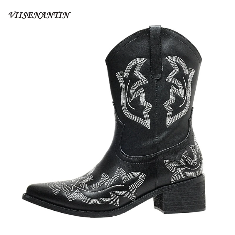 

Женские ковбойские ботинки до середины икры, из натуральной кожи, с острым носком